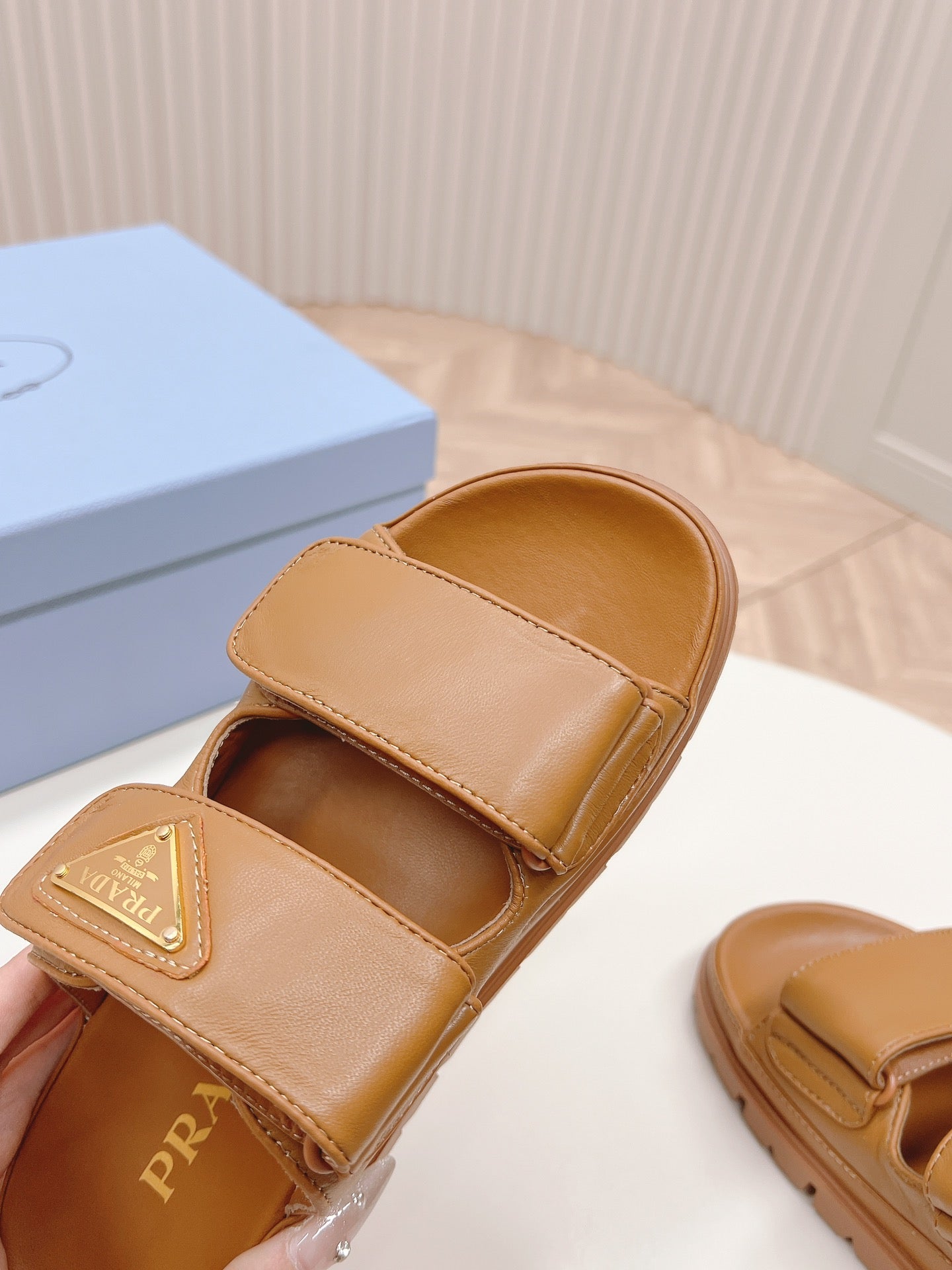 PRADA Double Strap Slide 20 With Triangle Logo Tan Calfskin