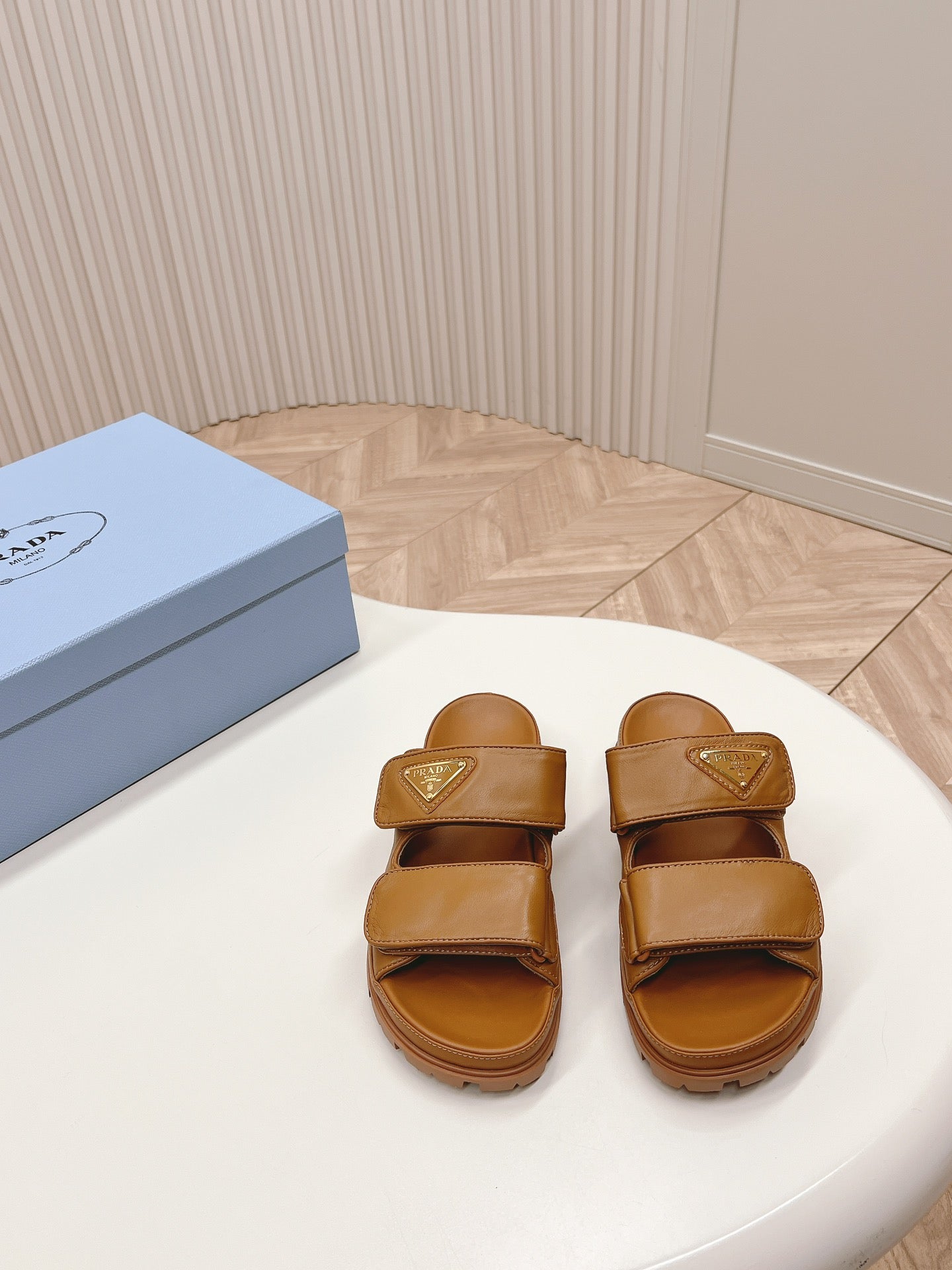 PRADA Double Strap Slide 20 With Triangle Logo Tan Calfskin