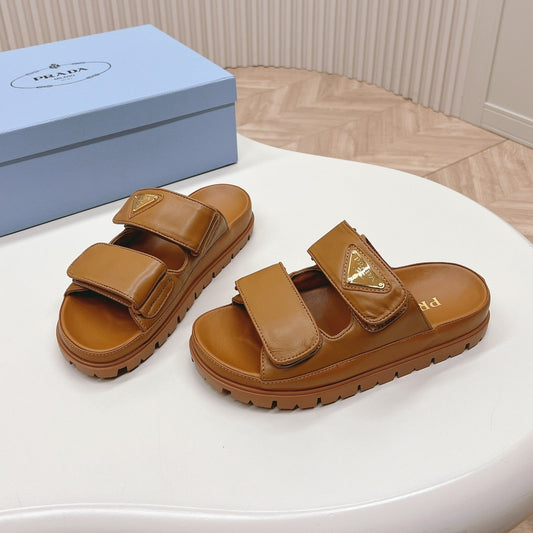 PRADA Double Strap Slide 20 With Triangle Logo Tan Calfskin