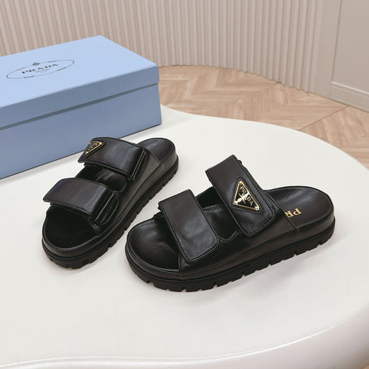PRADA Double Strap Slide 20 With Triangle Logo Black Calfskin