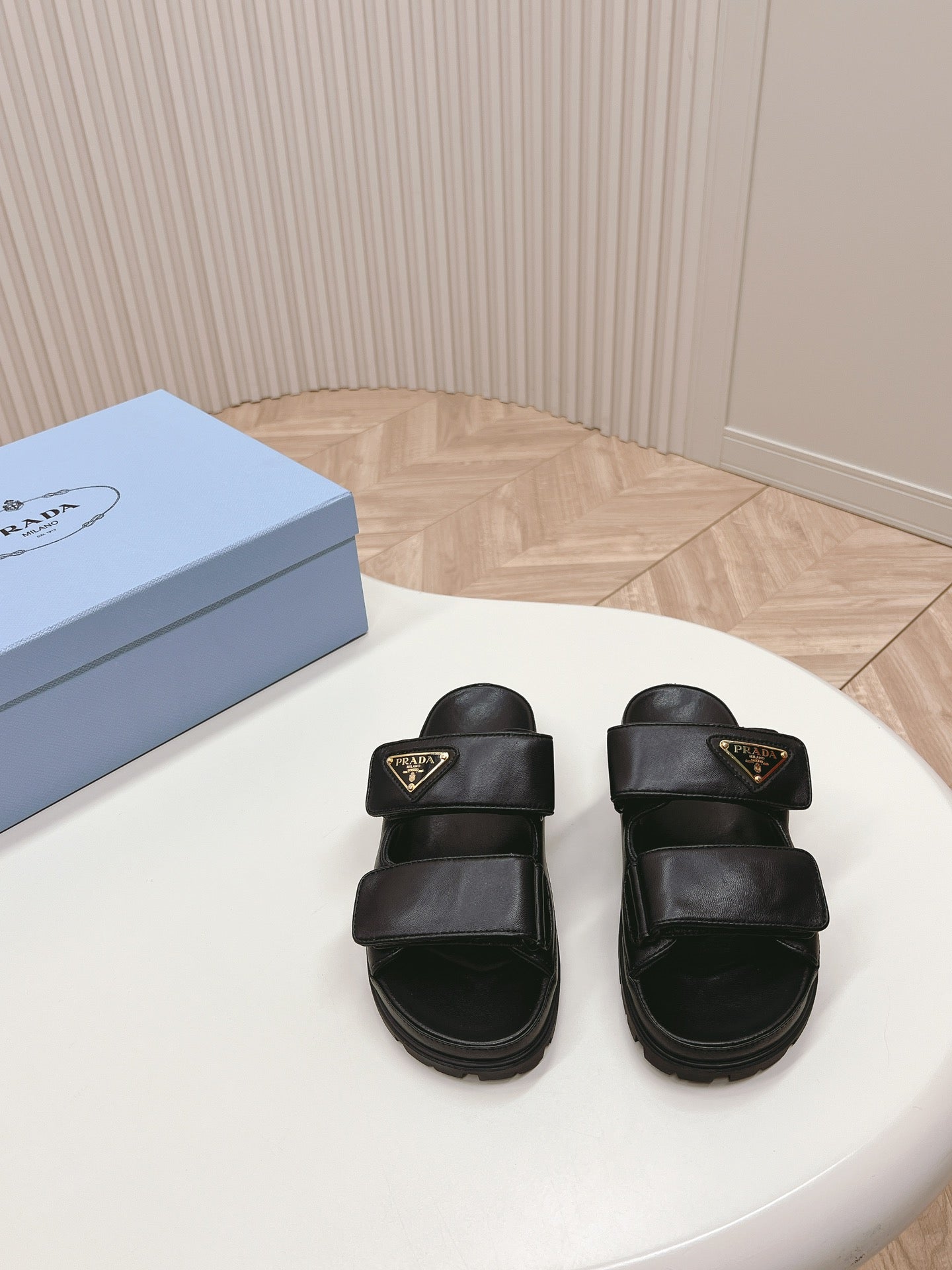 PRADA Double Strap Slide 20 With Triangle Logo Black Calfskin