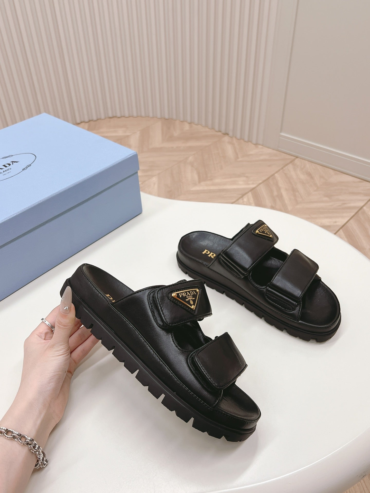 PRADA Double Strap Slide 20 With Triangle Logo Black Calfskin