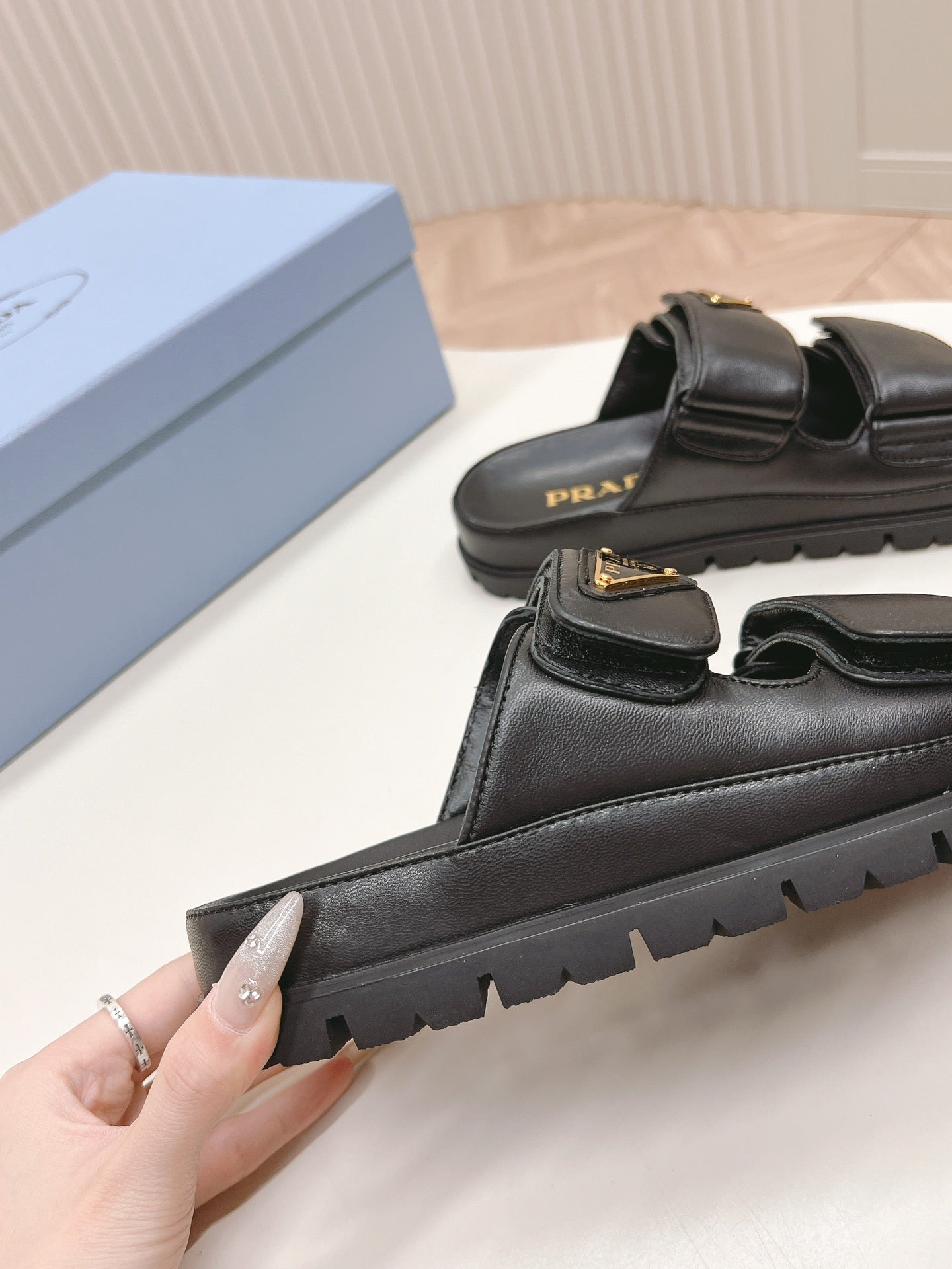PRADA Double Strap Slide 20 With Triangle Logo Black Calfskin