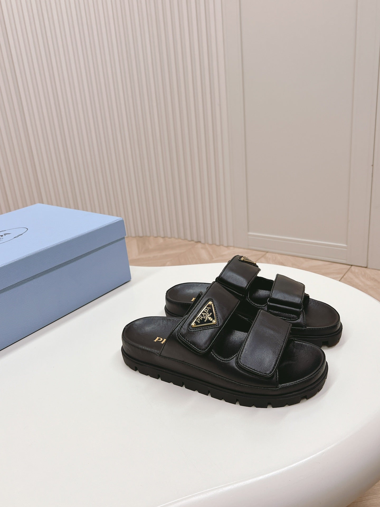 PRADA Double Strap Slide 20 With Triangle Logo Black Calfskin