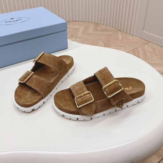PRADA Double Buckle Strap Slides 20 Brown Suede