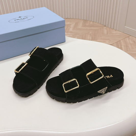 PRADA Double Buckle Strap Slides 20 Black Suede