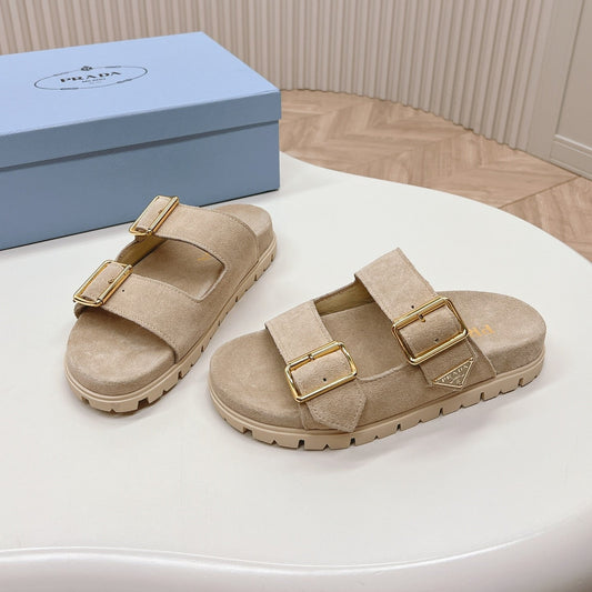 PRADA Double Buckle Strap Slides 20 Light Brown Suede