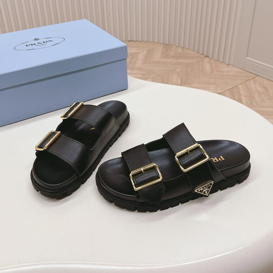 PRADA Double Buckle Strap Slides 20 Black Calfskin