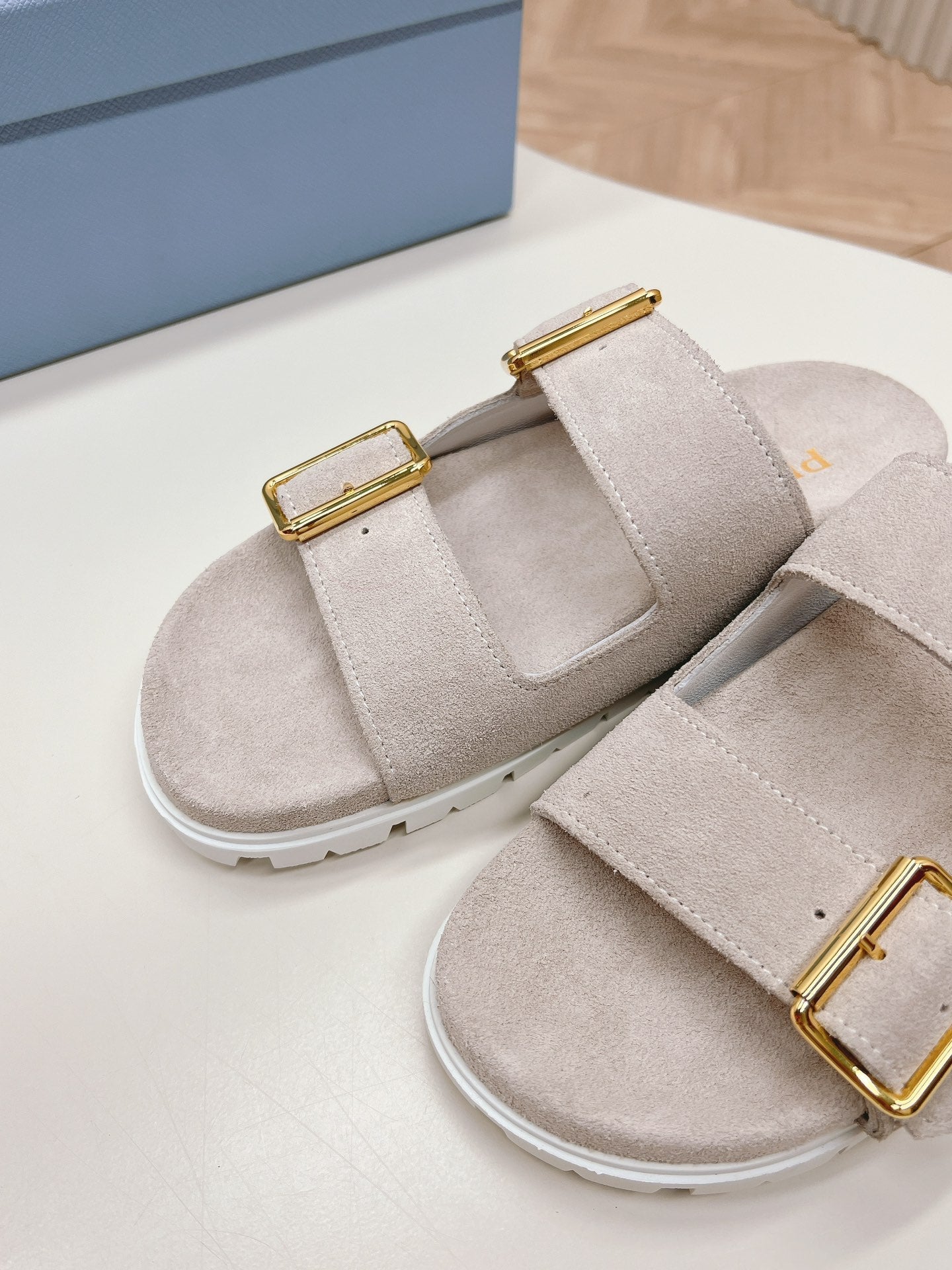 PRADA Double Buckle Strap Slides 20 Light Grey Suede