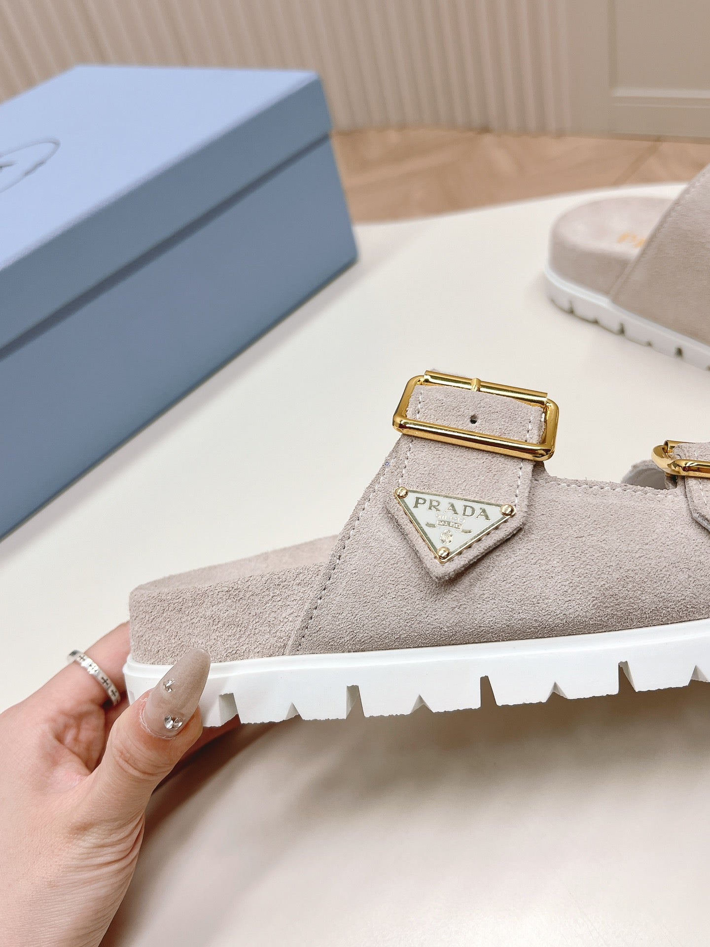 PRADA Double Buckle Strap Slides 20 Light Grey Suede