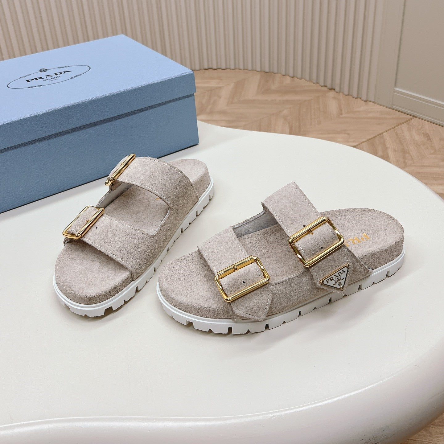 PRADA Double Buckle Strap Slides 20 Light Grey Suede