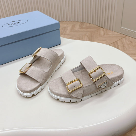 PRADA Double Buckle Strap Slides 20 Light Grey Suede