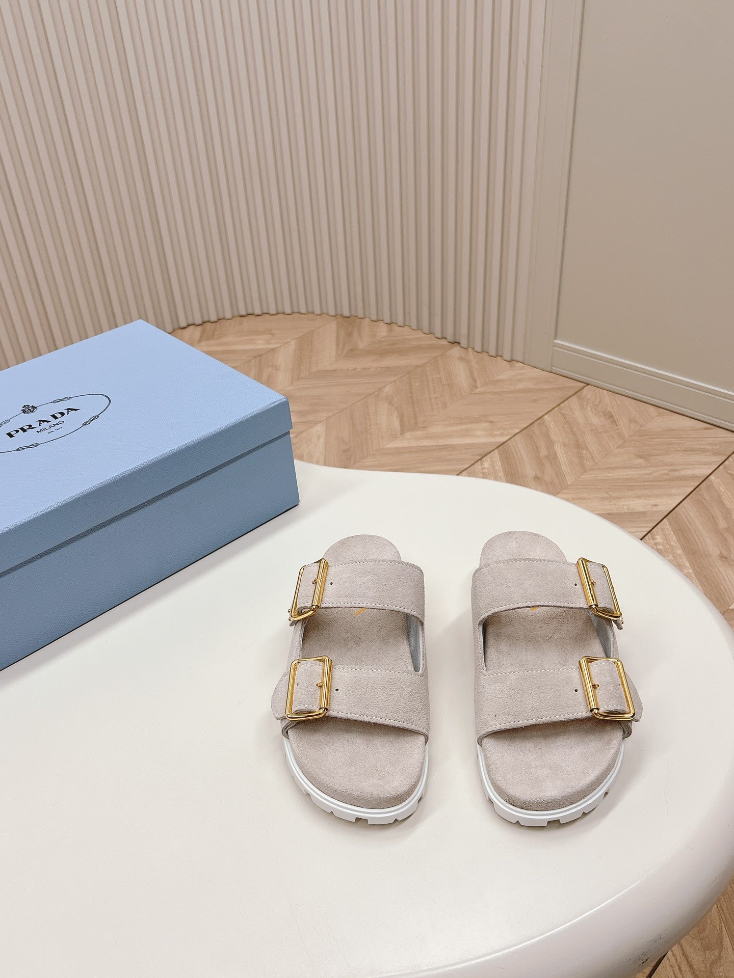 PRADA Double Buckle Strap Slides 20 Light Grey Suede