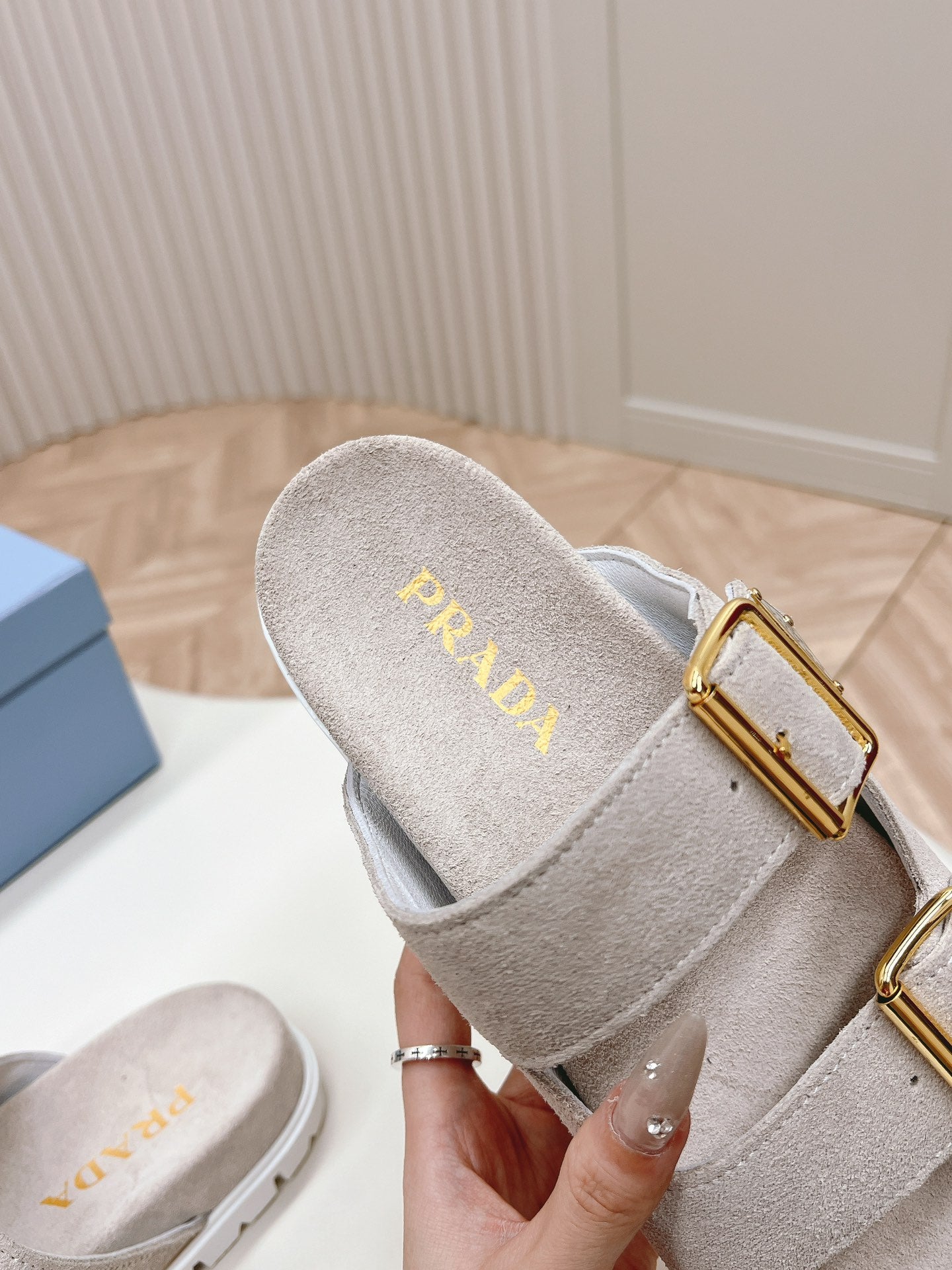PRADA Double Buckle Strap Slides 20 Light Grey Suede