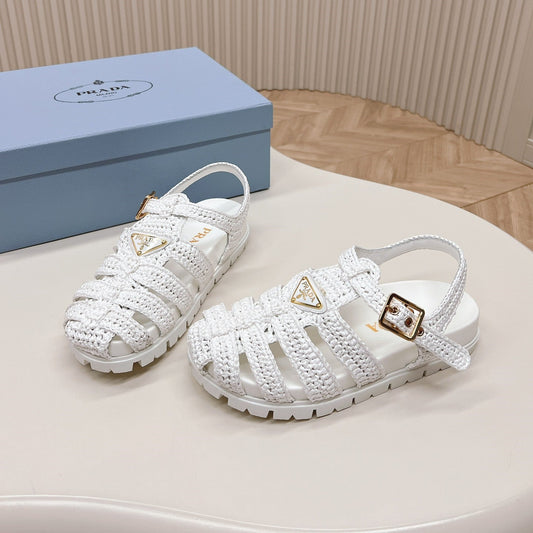 PRADA Monolith Crochet Cage Sandals 30 White