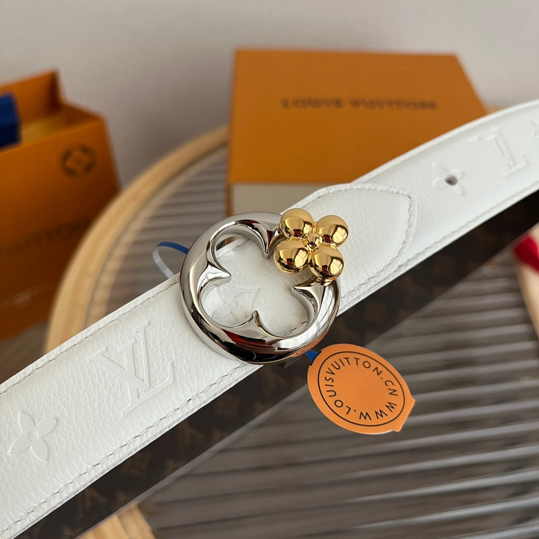 Louis Vuitton Flowergram Round 30mm Reversible Belt White Brown Empreinte Calfskin