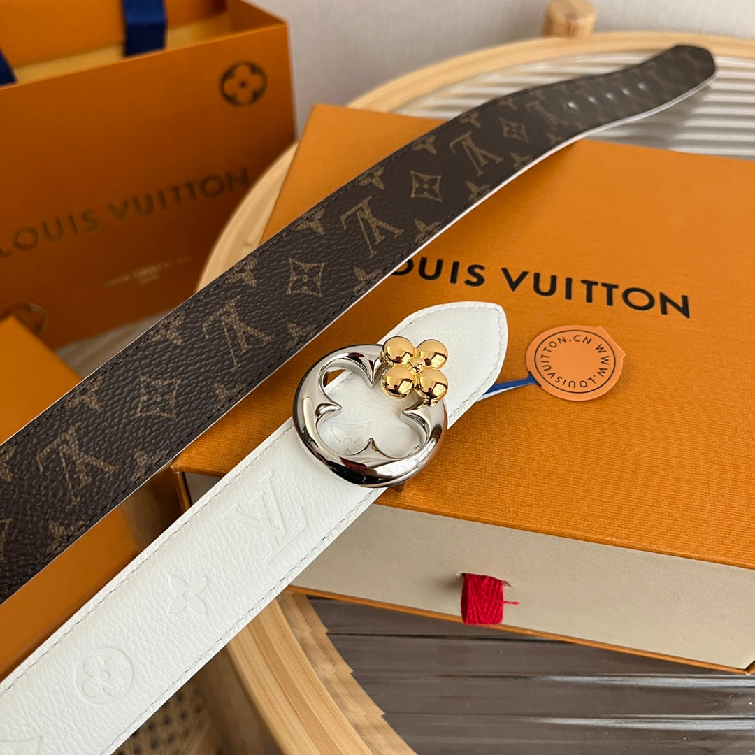 Louis Vuitton Flowergram Round 30mm Reversible Belt White Brown Empreinte Calfskin