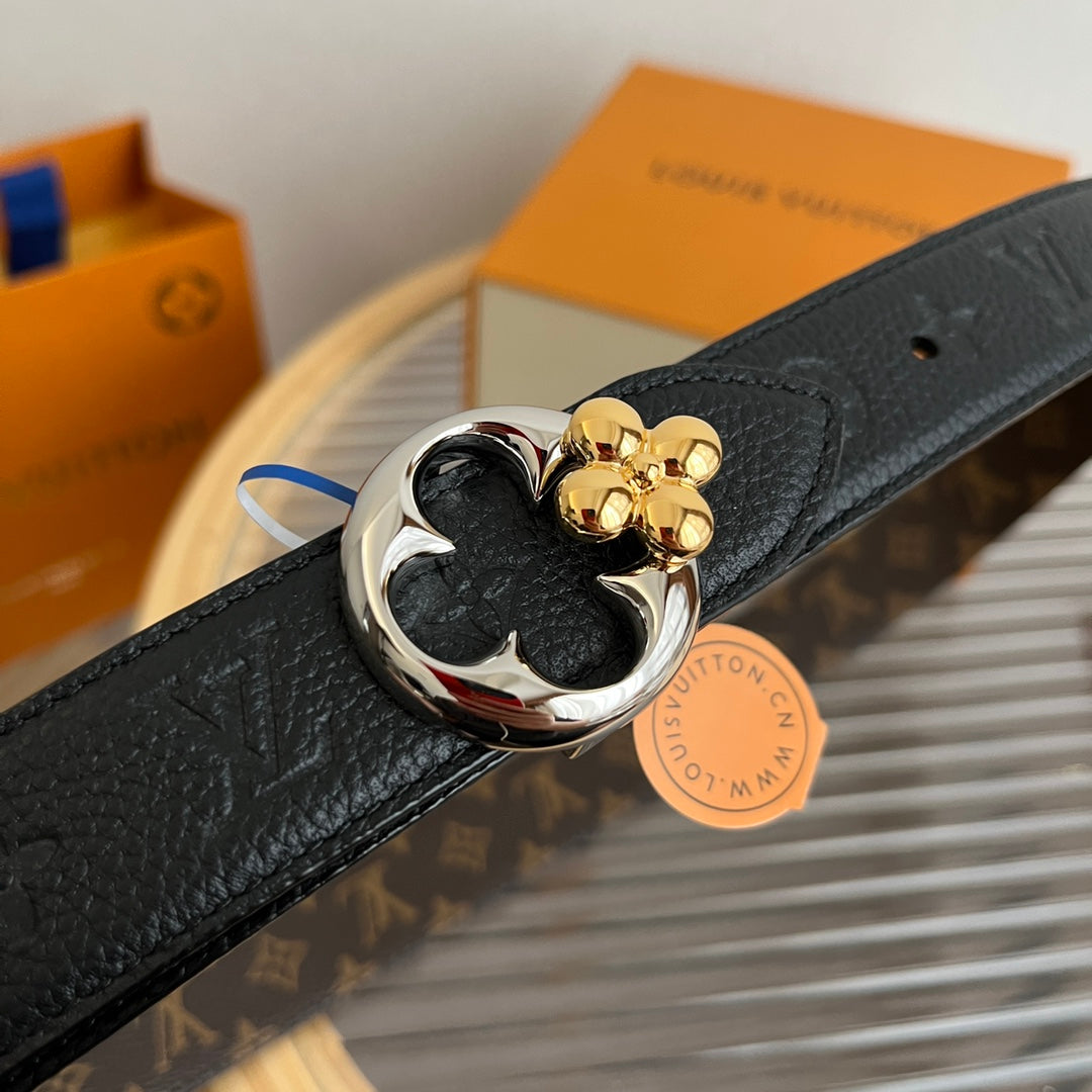 Louis Vuitton Flowergram Round 30mm Reversible Belt Black Brown Empreinte Calfskin