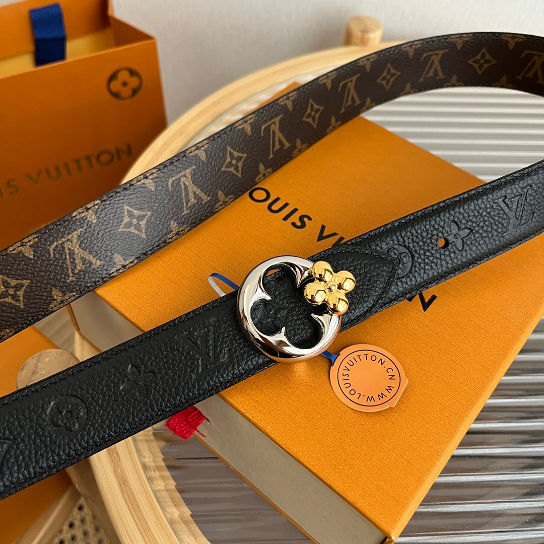 Louis Vuitton Flowergram Round 30mm Reversible Belt Black Brown Empreinte Calfskin