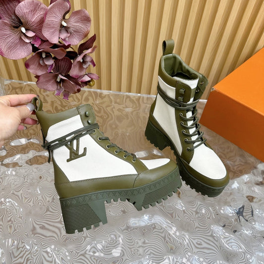 Louis Vuitton Laureate Platform Desert Boot 70mm White Mix Khaki Green Denim Fabric