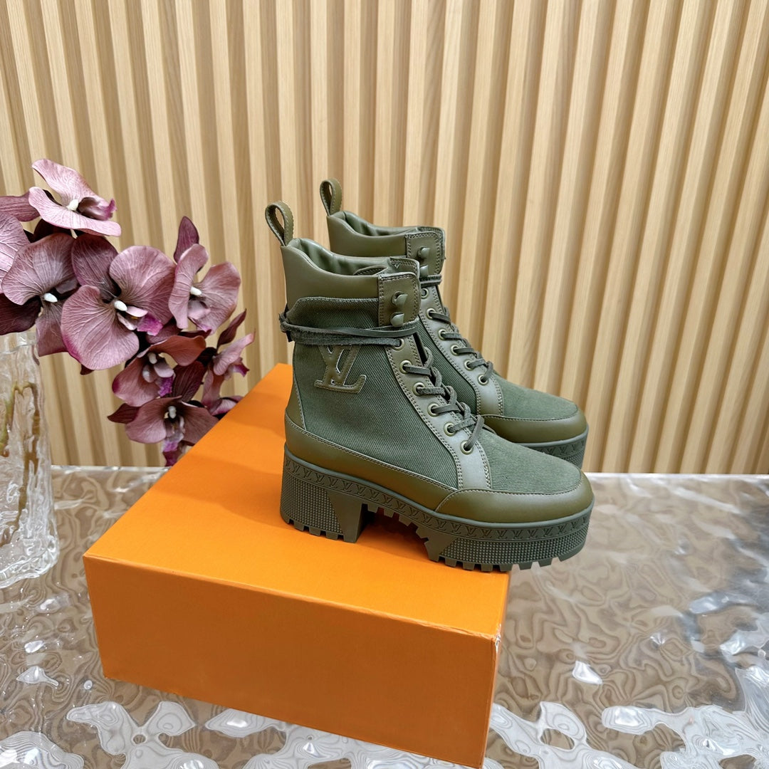 Louis Vuitton Laureate Platform Desert Boot 70mm Khaki Green Denim Fabric