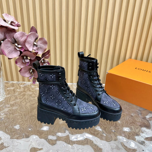 Louis Vuitton Laureate Platform Desert Boot 70mm Blue Black Monogram Jacquard Fabric