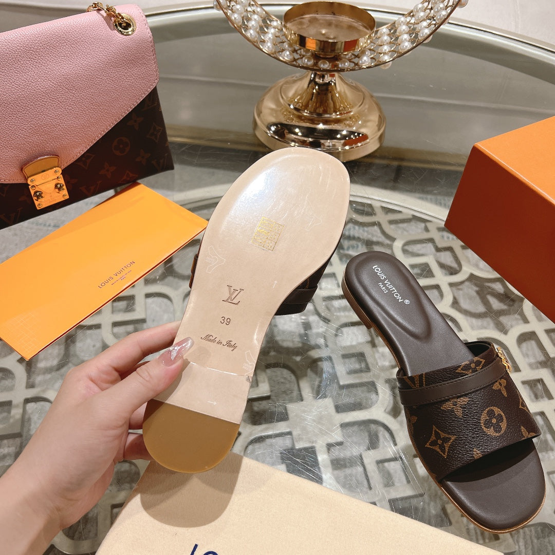 Louis Vuitton sandal isola flat mule dark brown monogram calfskin