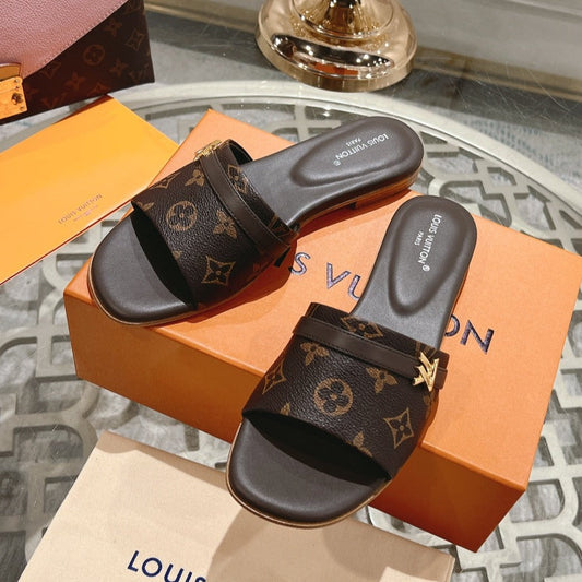 Louis Vuitton sandal isola flat mule dark brown monogram calfskin