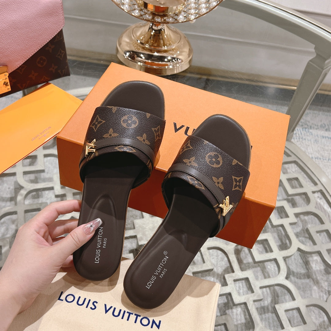 Louis Vuitton sandal isola flat mule dark brown monogram calfskin