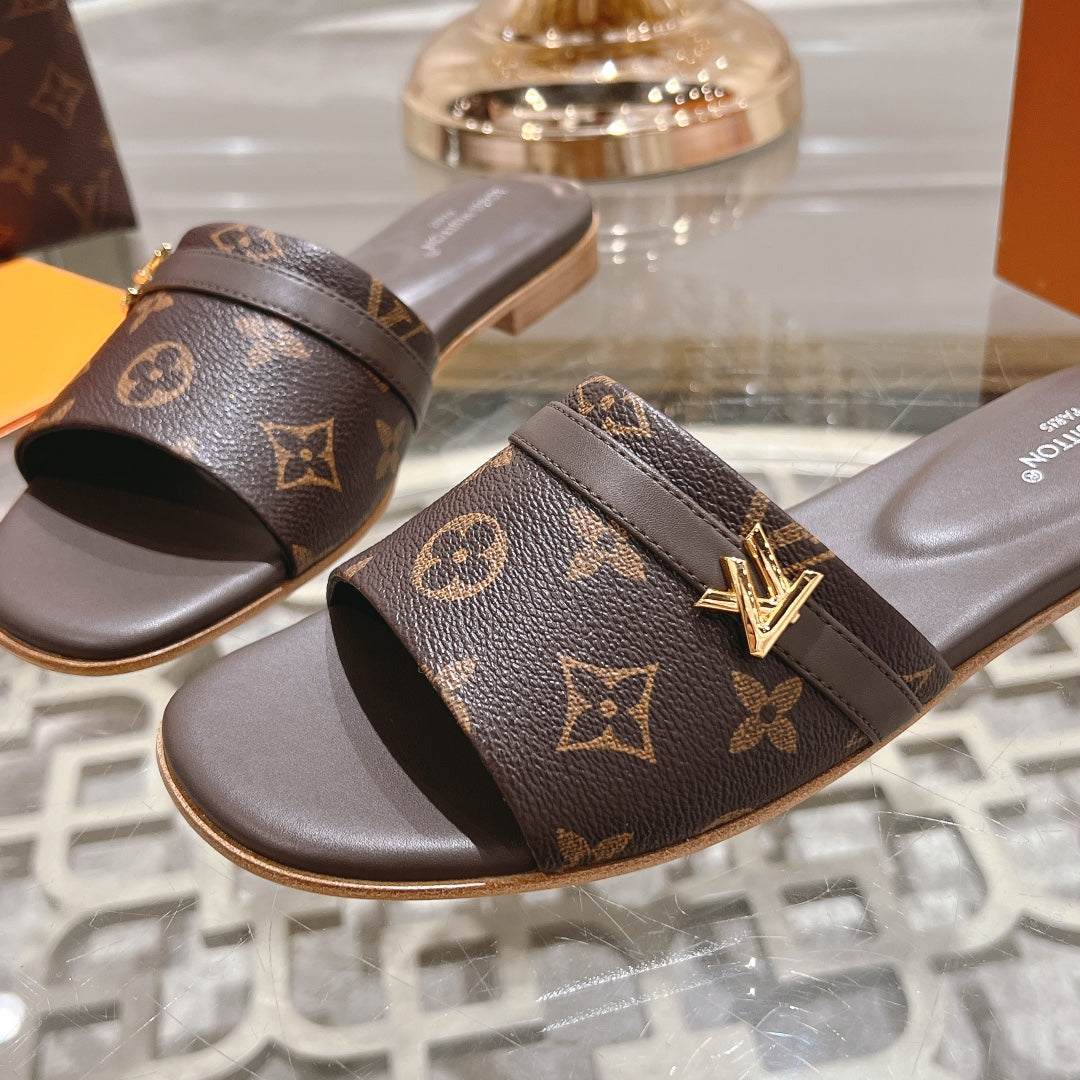Louis Vuitton sandal isola flat mule dark brown monogram calfskin