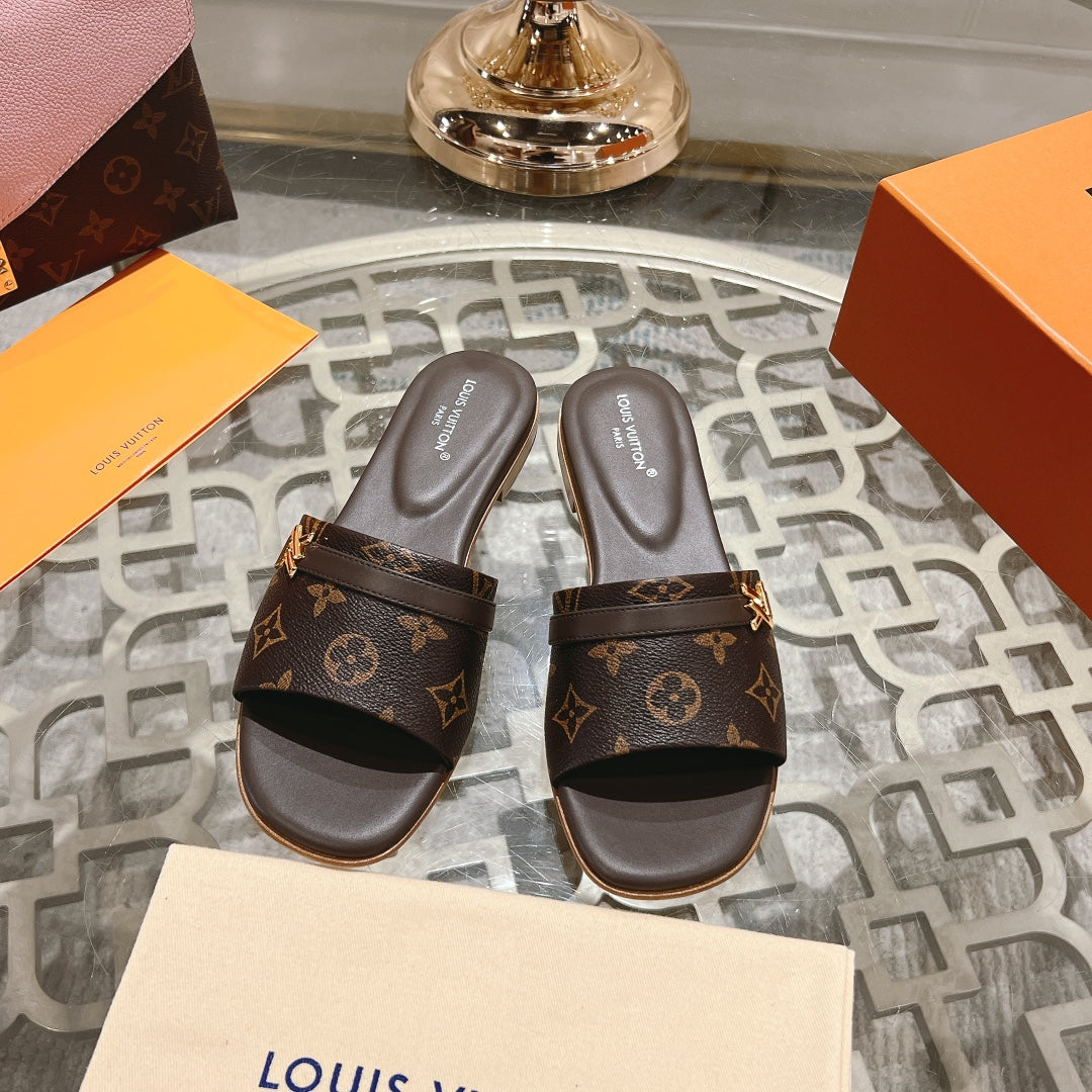 Louis Vuitton sandal isola flat mule dark brown monogram calfskin