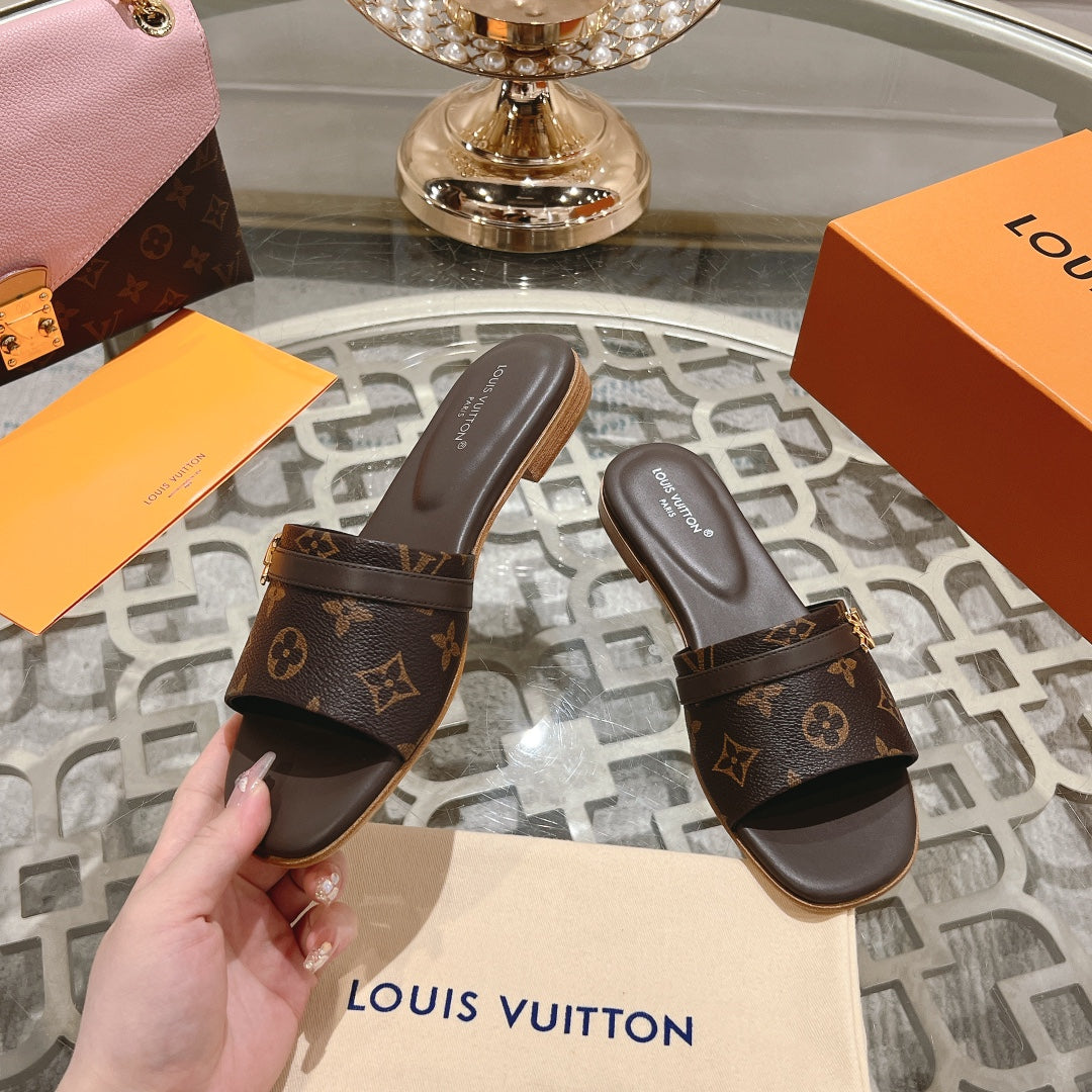 Louis Vuitton sandal isola flat mule dark brown monogram calfskin
