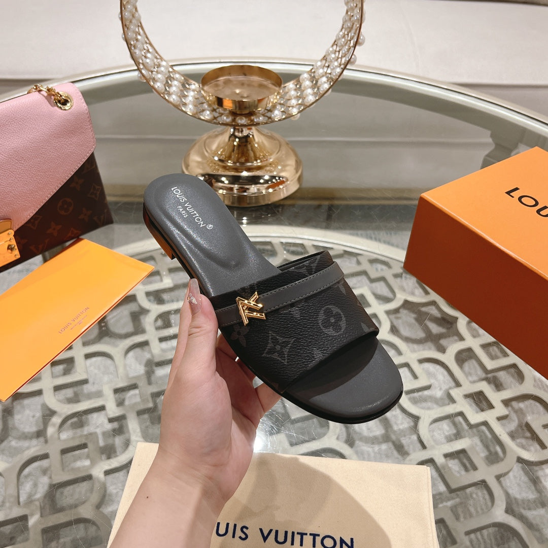 Louis Vuitton sandal isola flat mule black monogram calfskin