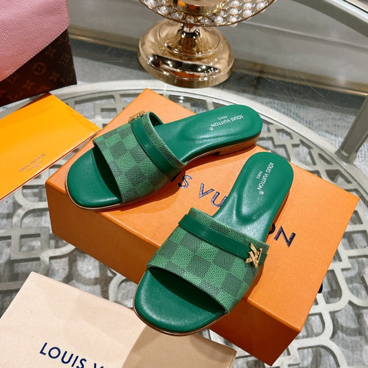 Louis Vuitton sandal isola flat mule green damier calfskin