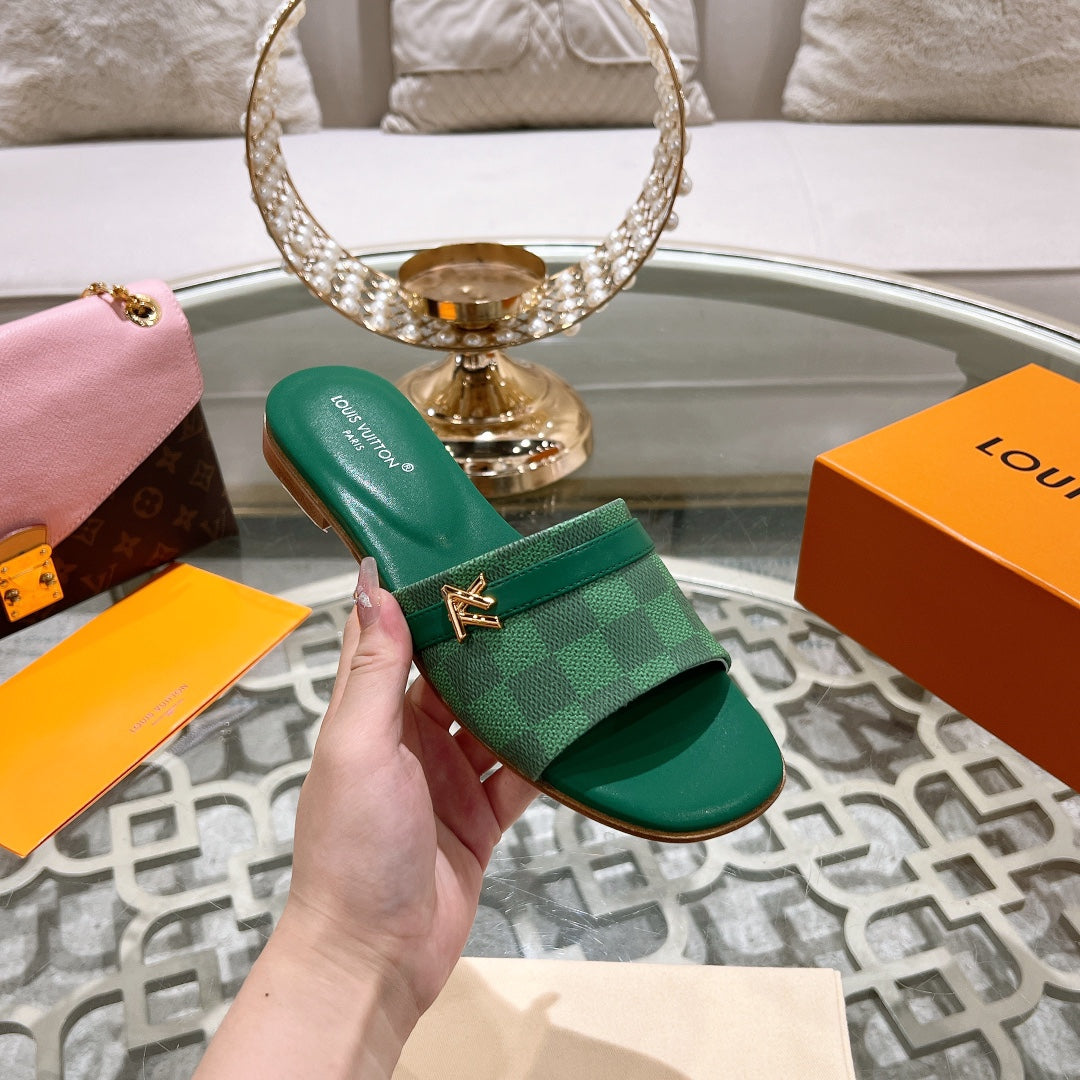 Louis Vuitton sandal isola flat mule green damier calfskin