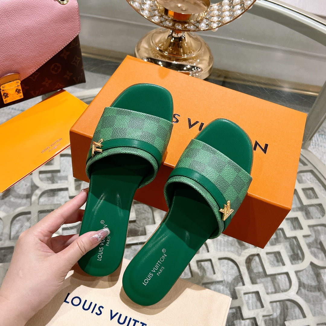 Louis Vuitton sandal isola flat mule green damier calfskin