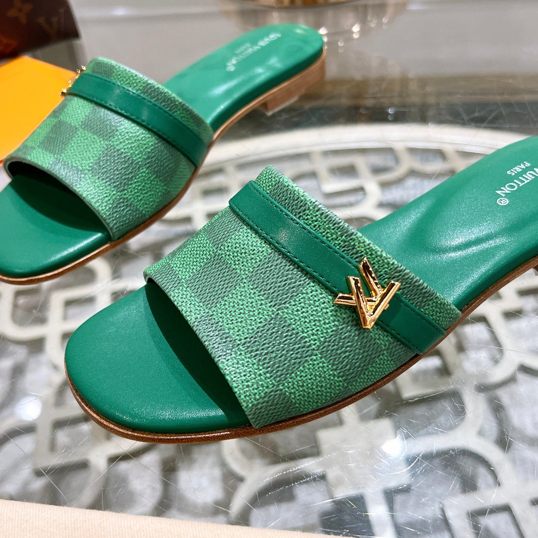 Louis Vuitton sandal isola flat mule green damier calfskin