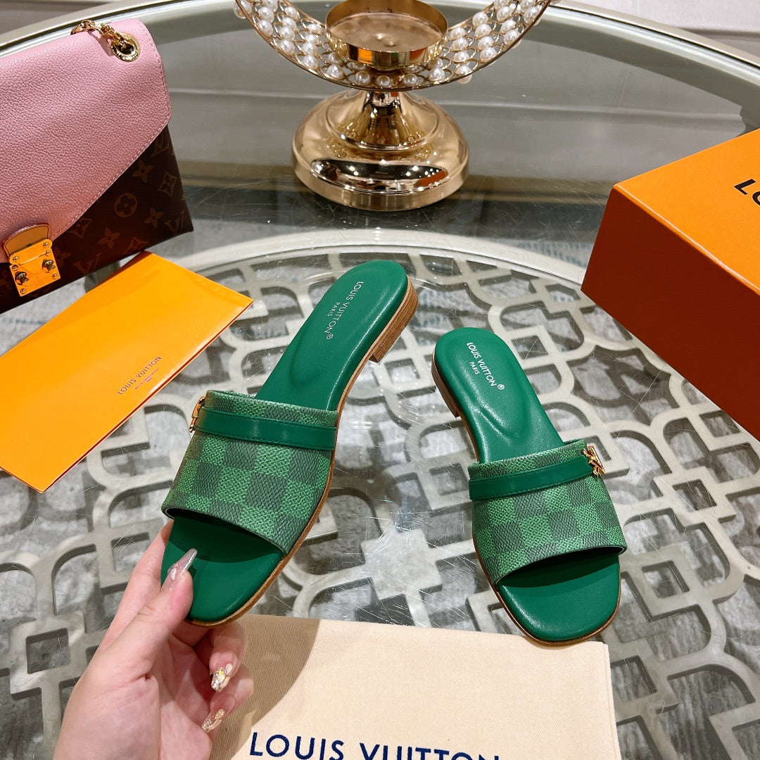 Louis Vuitton sandal isola flat mule green damier calfskin
