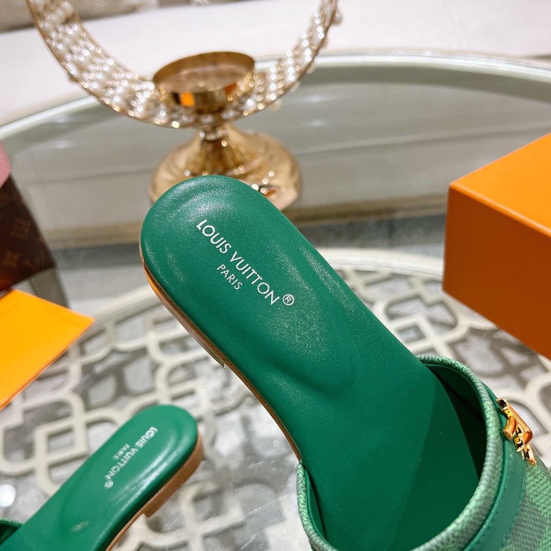Louis Vuitton sandal isola flat mule green damier calfskin
