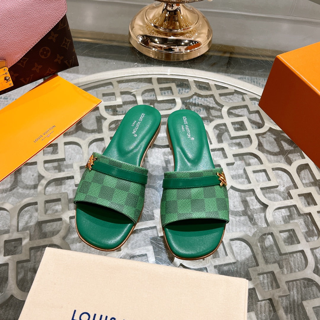 Louis Vuitton sandal isola flat mule green damier calfskin