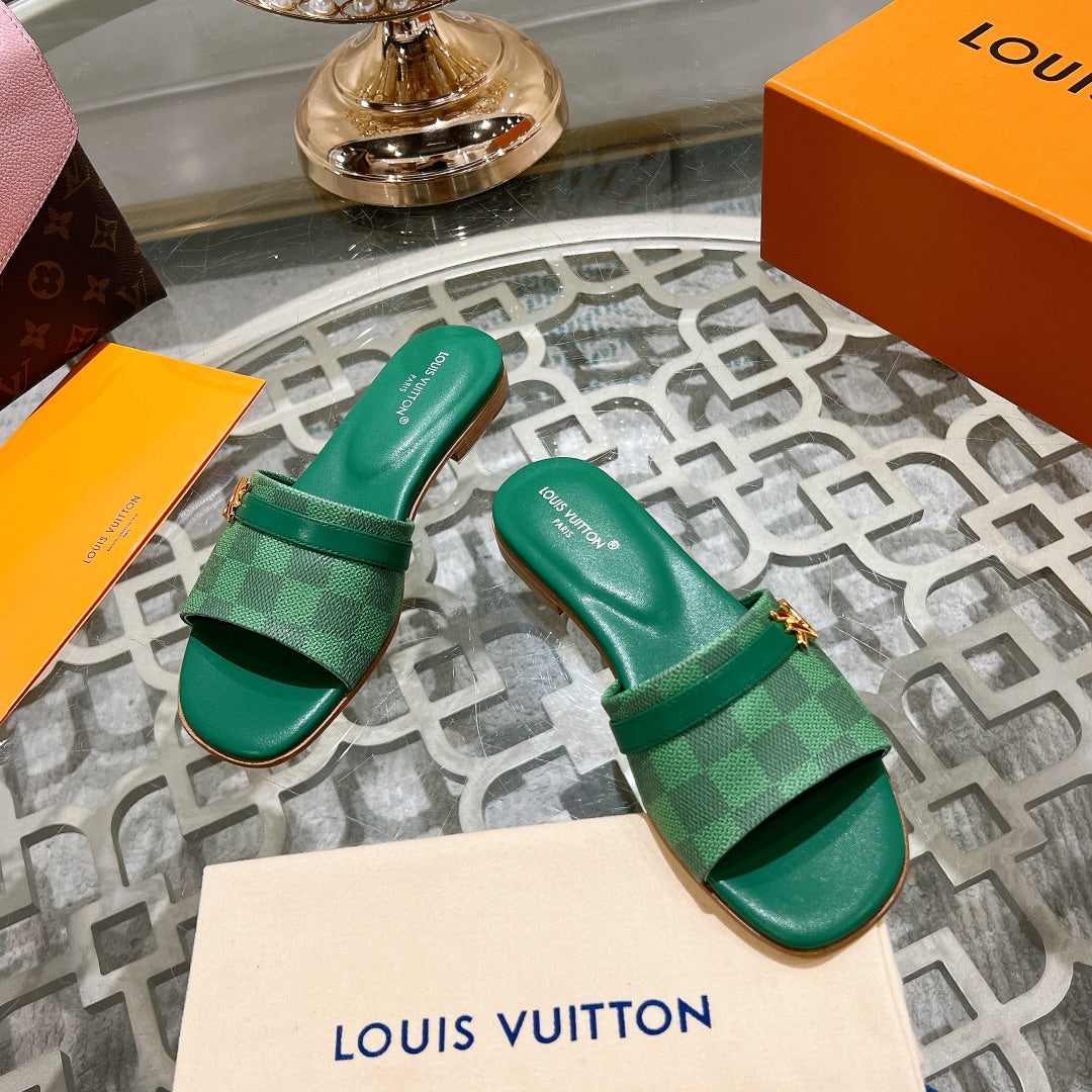 Louis Vuitton sandal isola flat mule green damier calfskin