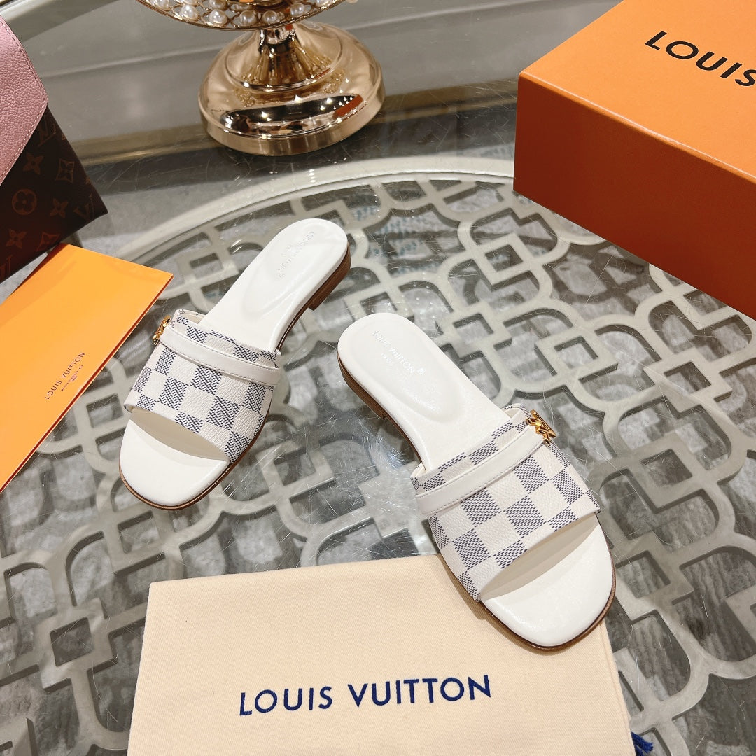 Louis Vuitton sandal isola flat mule white grey damier calfskin