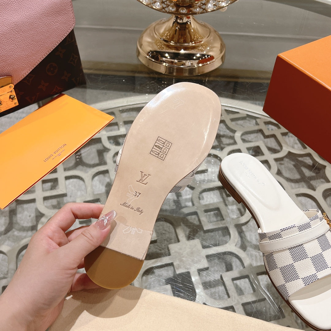 Louis Vuitton sandal isola flat mule white grey damier calfskin