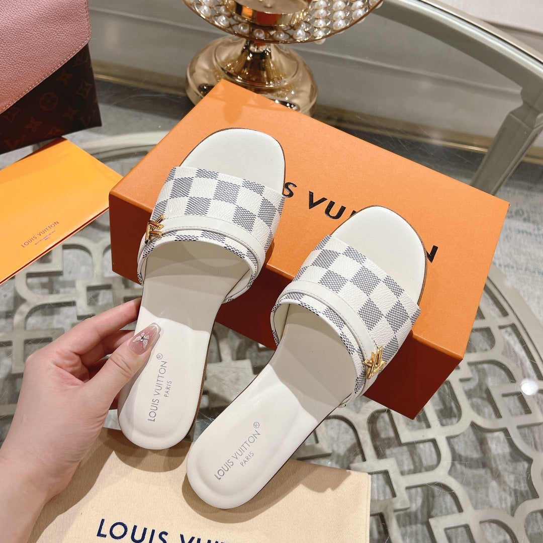 Louis Vuitton sandal isola flat mule white grey damier calfskin