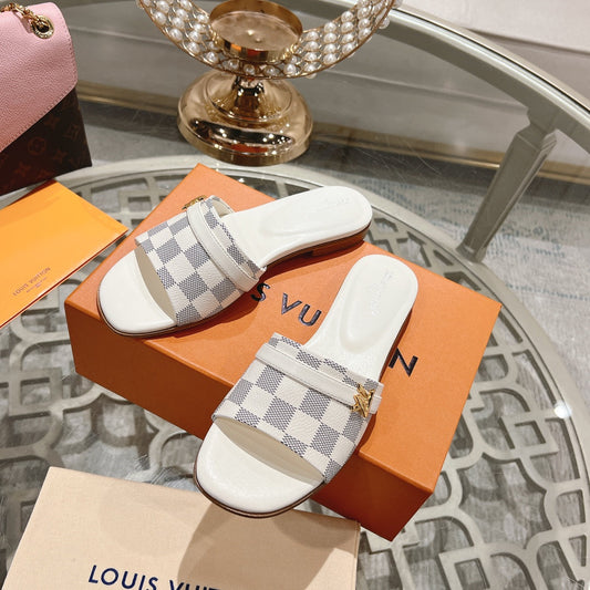 Louis Vuitton sandal isola flat mule white grey damier calfskin