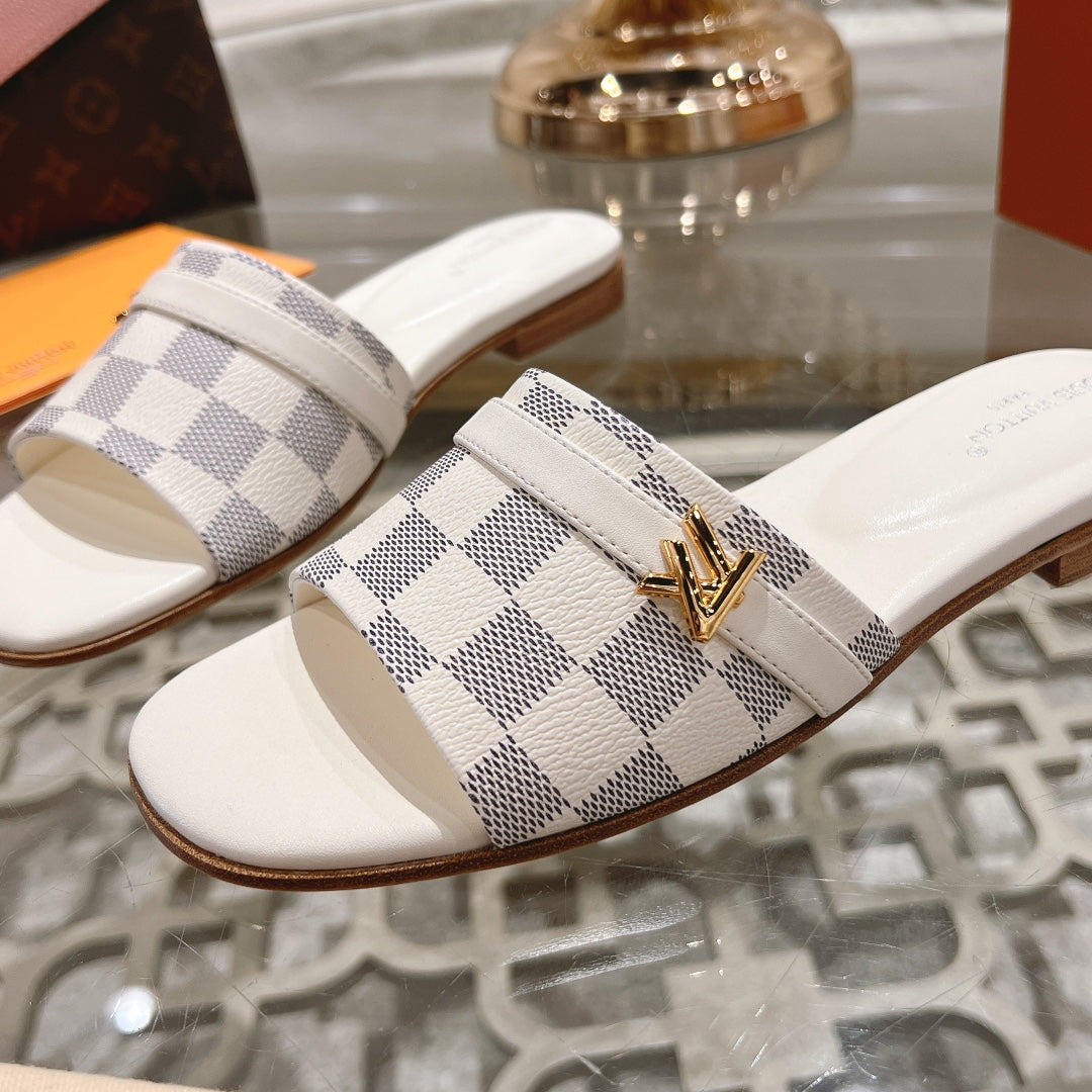 Louis Vuitton sandal isola flat mule white grey damier calfskin