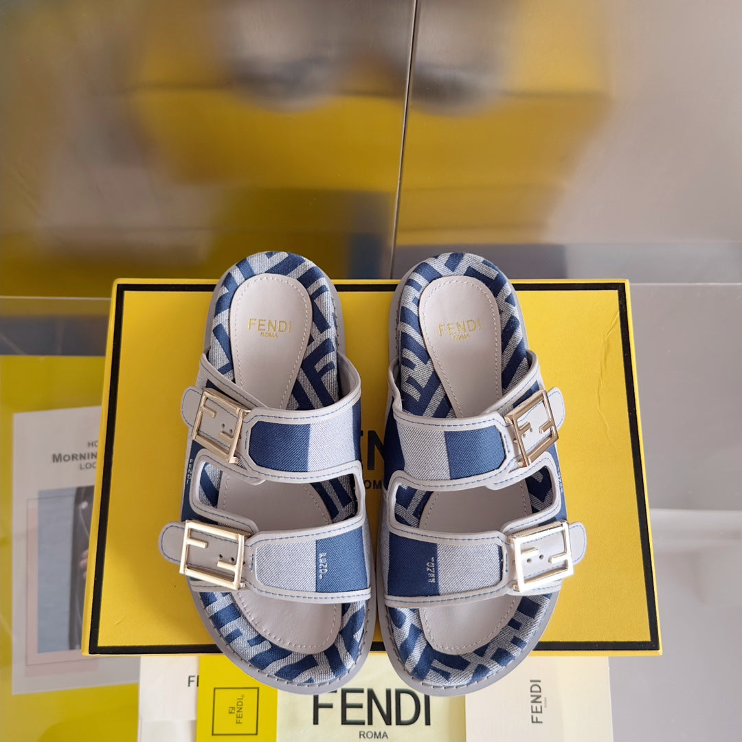 FENDI FF Feel Blue Light Grey Canvas Slide