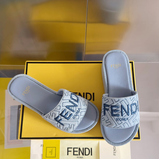 FENDI FENDI PLATFORM WEDGES IN PIGEON BLUE JACQUARD FABRIC WITH EMBROIDERED LOGO