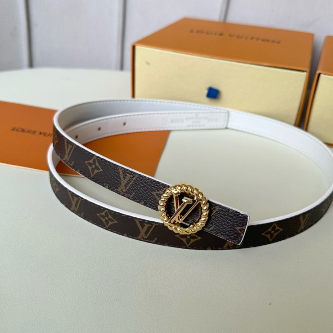 Louis Vuitton Circle Nautical 20mm Reversible Belt Gold Buckle White Brown Lambskin
