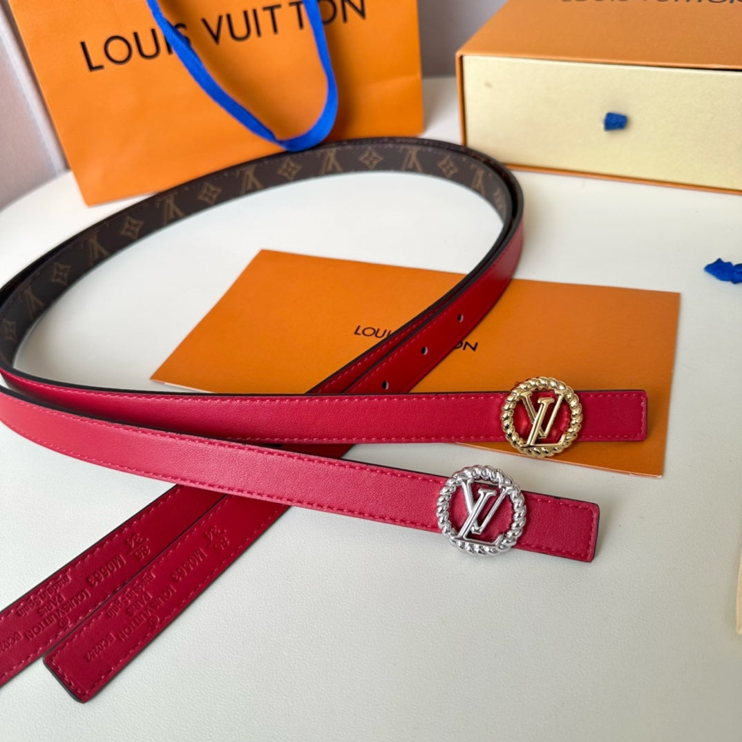 Louis Vuitton Circle Nautical 20mm Reversible Belt Silver Buckle Red Brown Lambskin